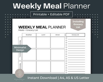 Weekly Meal Planner Printable Meal Planner Fillable PDF Grocery List Printable Meal Planner and Shopping List Meal Plan Printable