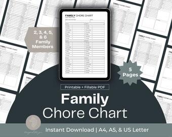 May include: Printable family chore chart PDF template with 5 pages. The chart is designed for families with 2 to 6 members. The chart includes a list of daily chores and a space to check off completed tasks.