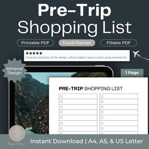 Puede incluir: Una lista de compras previa al viaje imprimible con una lista de verificación en un fondo blanco. La lista está dividida en dos columnas con el título "Lista de compras previa al viaje". La imagen también incluye una foto de un paisaje montañoso.