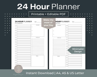 Pode incluir: Um planejador imprimível de 24 horas com um design minimalista. O planejador é dividido em duas colunas, cada uma com seções para "Get things done", "Prioridades", "To Do List" e "Notas". O planejador está disponível nos tamanhos A4, A5 e US Letter.