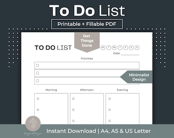 Minimalist To Do List Printable, Fillable Daily Planner (PDF)