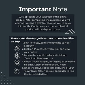 May include: A black and white graphic with instructions on how to download digital files purchased on Etsy. The graphic includes icons for a credit card, a document, a printer, and a hand holding a phone.