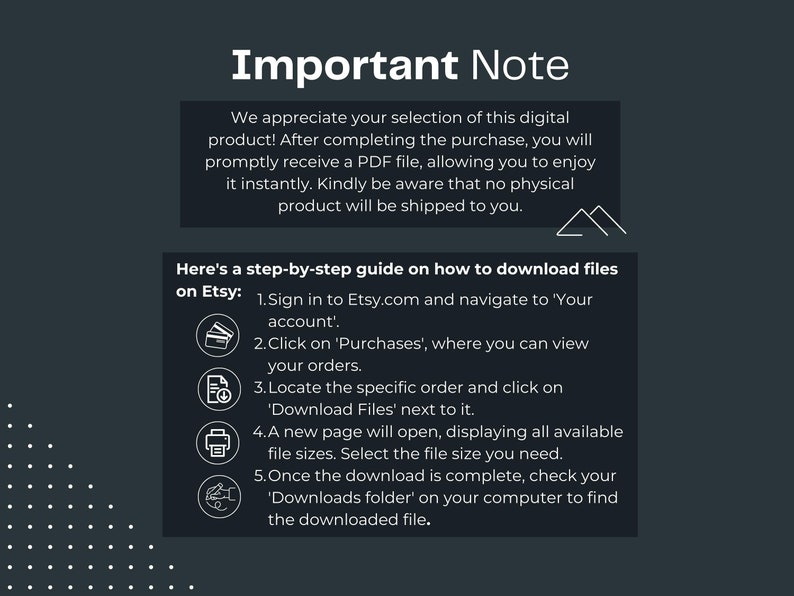 May include: A black and white graphic with instructions on how to download digital files purchased on Etsy. The graphic includes icons for a credit card, a document, a printer, and a hand holding a phone.