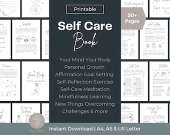 May include: Printable self-care book with 50+ pages. The book includes sections on mindfulness, goal setting, exercise, nutrition, and overcoming challenges. The cover features a black and white illustration of a woman meditating.