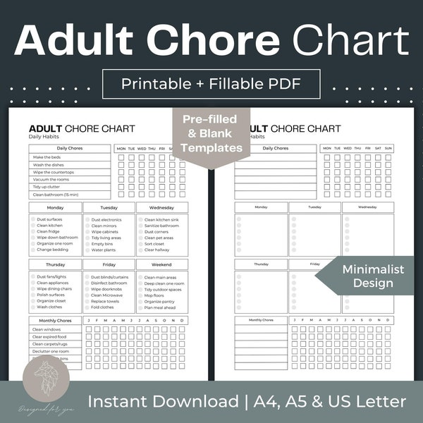 Adult Chore Chart ADHD Help Cleaning Planner Printable Cleaning Schedule Printable ADHD Cleaning Checklist Printable Adults Chore Chart