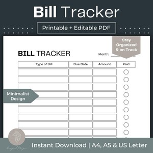 Bill Tracker Printable Bill Zahlung Tracker Fillable PDF Bill Checkliste Digitaler Finanz-Tracker Bill Organizer Download Monthly Bill Tracker