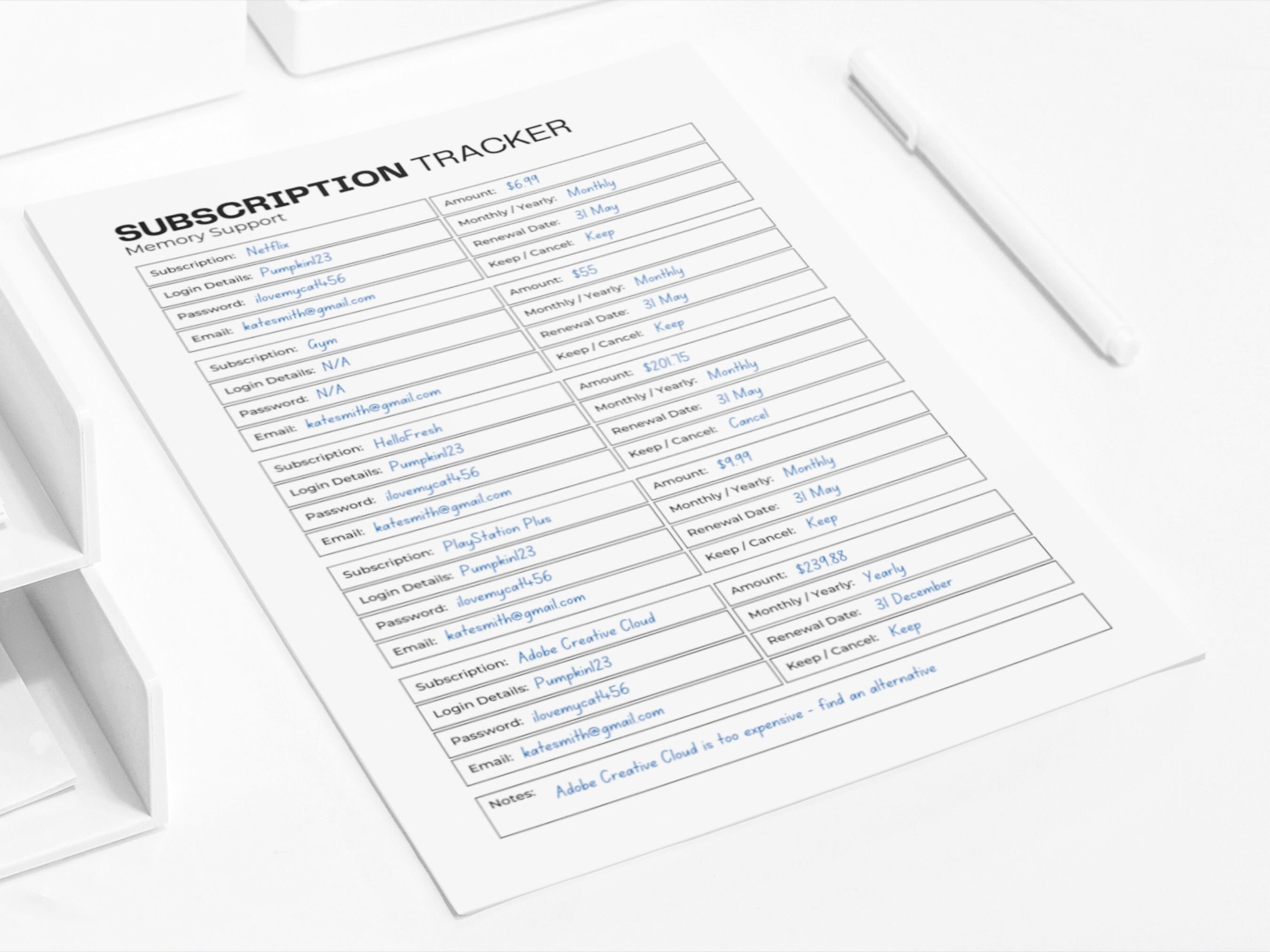 Subscription Tracker Printable, Fillable PDF (A4, A5, Letter) - Etsy