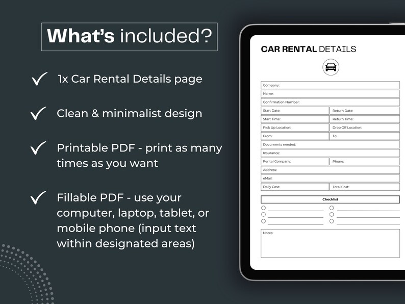 Car Rental Details Printable, Travel Planner (fillable PDF) - Etsy