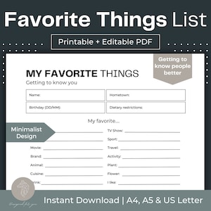 Favorite Things List Get to know you Questions All About Me Survey Employee Favorite List Team Building Activities My Favorite Things