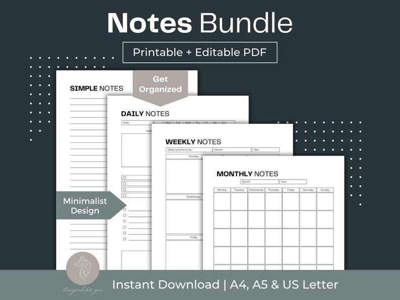 Printable Notes Bundle: Simple Daily, Weekly, Monthly (fillable PDF) - Etsy