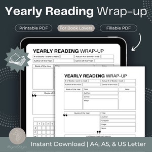 May include: A printable and fillable PDF document for tracking yearly reading goals. The document includes sections for the number of books read, author of the year, book of the year, genre of the year, and a quote of the year. It also includes a calendar to track books read each month.