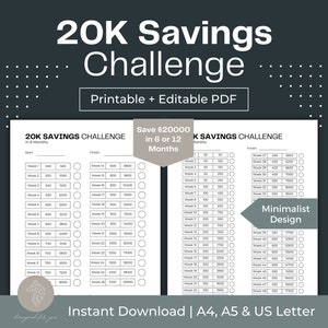 20K Savings Challenge Savings Challenge Printable 20000 Savings Challenge 26 Week Savings Challenge 20 000 Savings Challenge