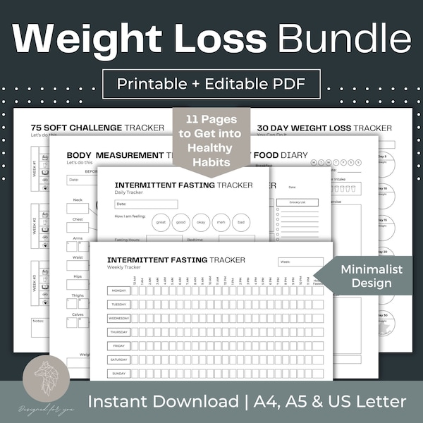 Weight Loss Bundle Intermittent Fasting Tracker 75 Soft Challenge Weekly Meal Planner 30 Day Weight Loss Daily Food Diary Body Measurement