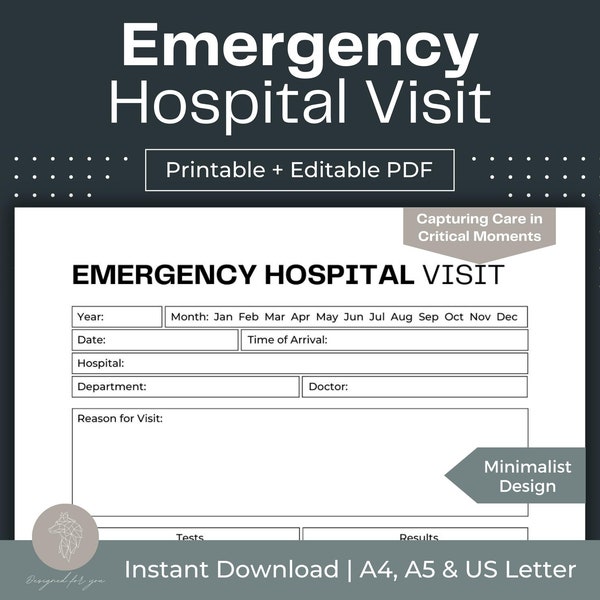 Emergency Hospital Visit Printable Hospital Visit Tracker Fillable PDF For Your Medical Binder Emergency Visit Digital Download Doctor Visit