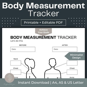 Lichaamsmeting Tracker Afdrukbare Gewichtsverlies Tracker Invulbare PDF Sjabloon voor lichaamsmetingen Digitale meetgrafiek Lichaamscontouren