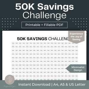 50k Savings Challenge Printable Savings Tracker Fillable PDF Money ...