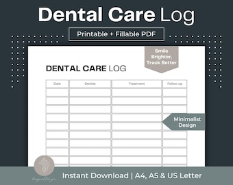 Dental Care Log Printable, Doctor Visit Tracker (Fillable PDF)