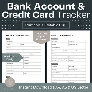 Rastreador de cuentas bancarias Rastreador de información de tarjetas de crédito imprimible PDF rellenable Planificador de finanzas Información bancaria digital Rastreador de cuentas