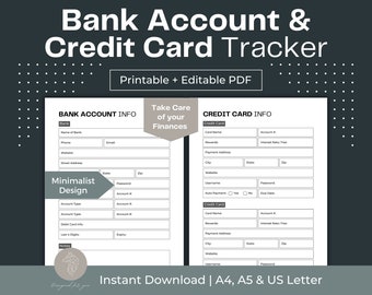 Bank & Credit Card Tracker Printable, Finance Planner (Fillable PDF)