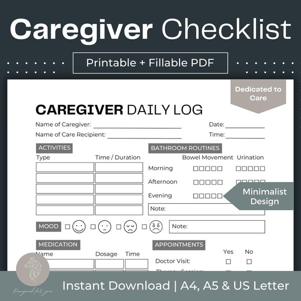 Caregiver Checklist Printable Caregiver Daily Log Fillable PDF Daily Caregiver Notes Caregiving Journal Elderly Care Senior Care Plan Home