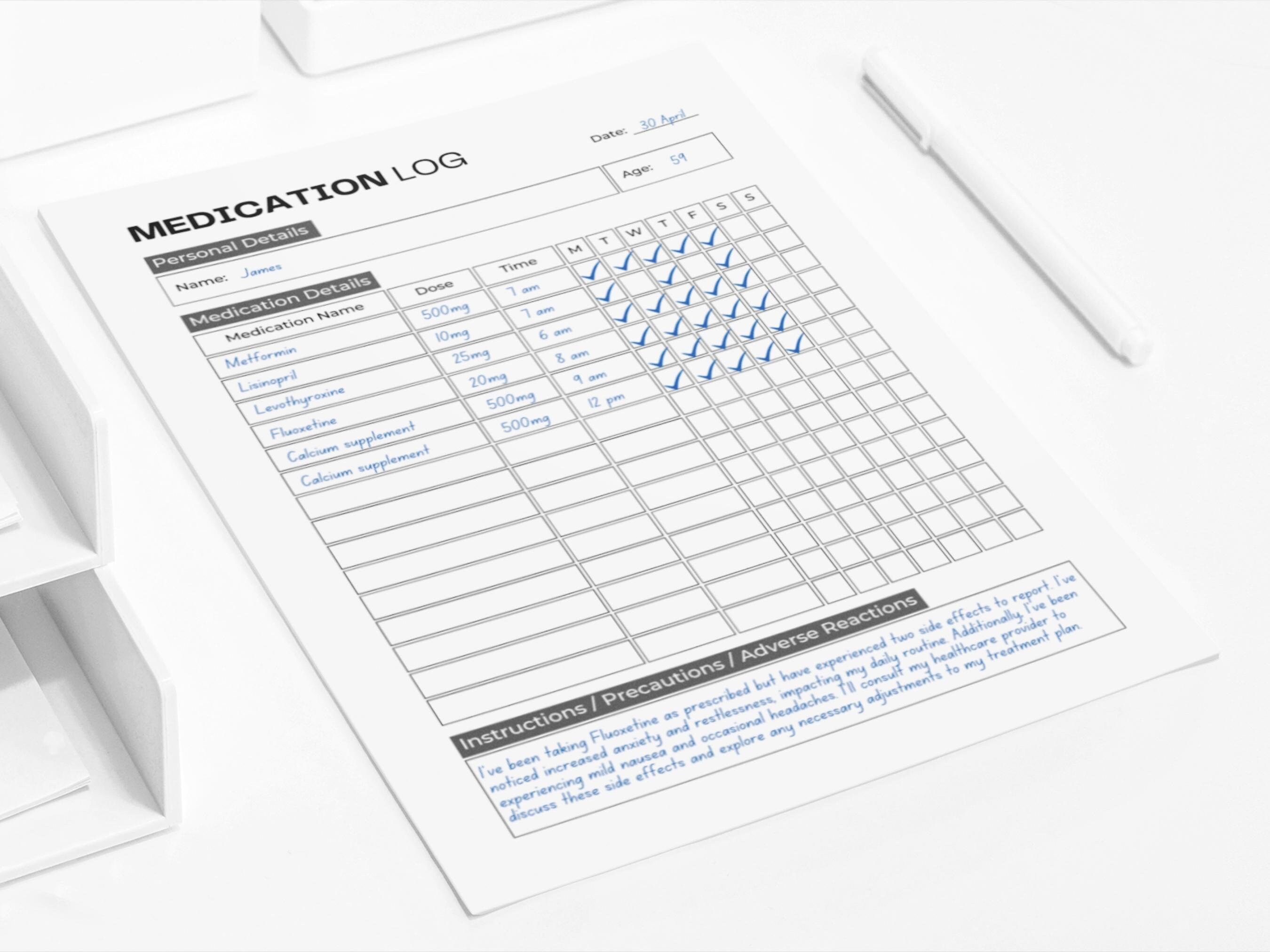 Medication Log Printable Medication Checklist Fillable PDF Medication