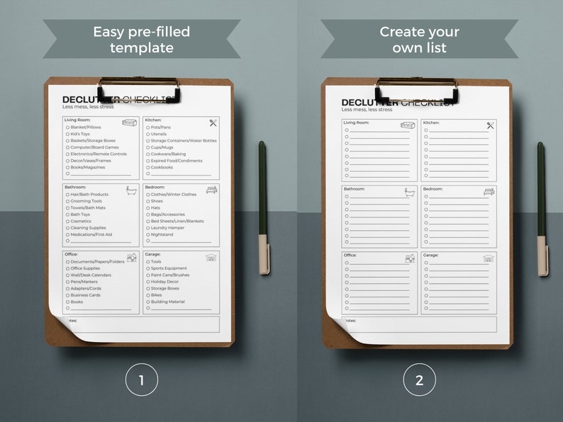 May include: A printable decluttering checklist with two versions: one pre-filled with common items to declutter and one blank for creating a custom list. The checklist is divided into sections for different areas of the home, including the living room, kitchen, bathroom, bedroom, office, and garage.