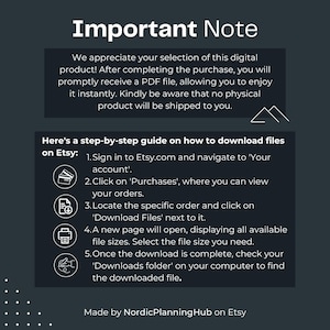 Op de afbeelding: Een donkerblauwe afbeelding met witte tekst met instructies over het downloaden van digitale bestanden van Etsy. De tekst bevat een stapsgewijze handleiding met genummerde instructies en pictogrammen. De bovenkant van de afbeelding luidt "Belangrijke opmerking".