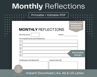 Monthly Reflections Planner, Goal Tracker (Fillable PDF)