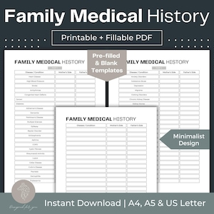 Family Medical History Printable Personal Medical History Form Fillable PDF For Your Medical Binder Digital Health Planner Healthcare