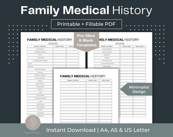 May include: Printable family medical history templates in a minimalist design. The templates are available in A4, A5, and US Letter sizes. The templates include sections for disease or condition, mother's side, and father's side.