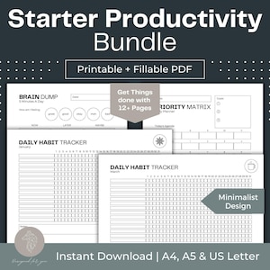 Starter Productivity Bundle Printable Brain Dump Fillable PDF Priority Matrix Instant Download Daily Habit Tracker Productivity Planner