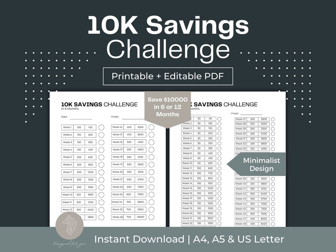 Printable 10K Savings Challenge Fillable PDF 52 Week Savings Challenge ...