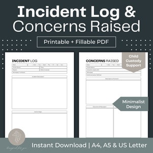 Incident Log Printable Concerns Raised Template Child Custody Planner Fillable PDF Co-Parenting Planner Digital Child Custody Journal