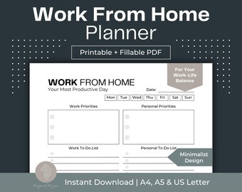 Work From Home Planner: Fillable PDF, Daily Organizer (A4, A5, Letter)