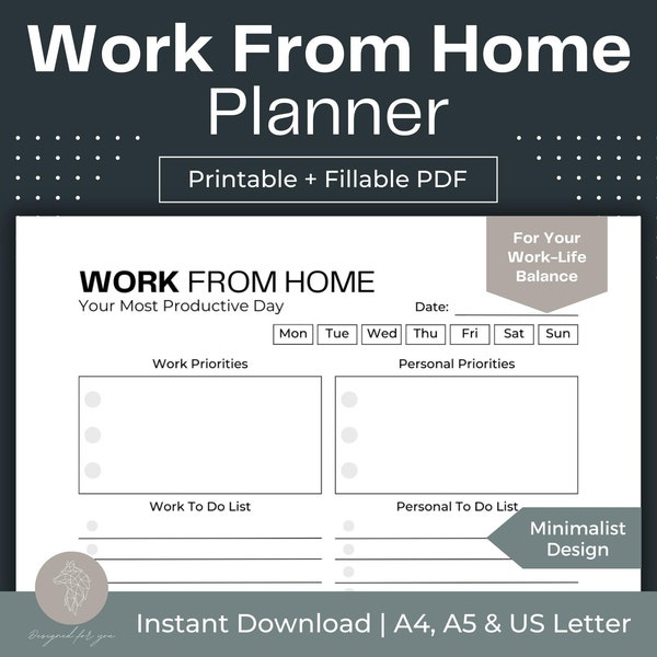 Work From Home Printable Work Day Organizer Fillable PDF Work Schedule Organizer Work Planner Work Day Planner Page Work From Home Planner