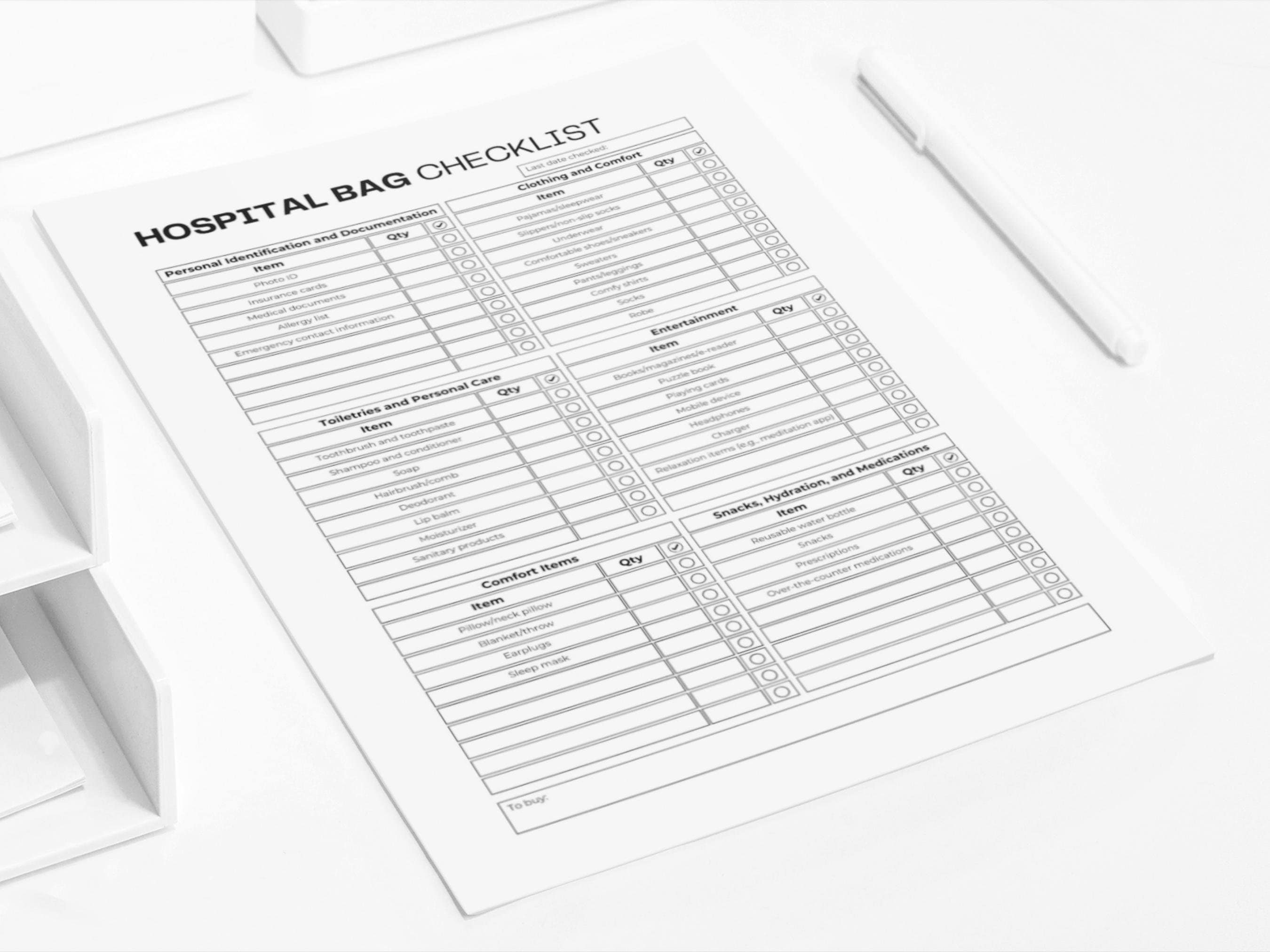 Printable Hospital Bag Checklist Fillable PDF Hospital Bag Organizer