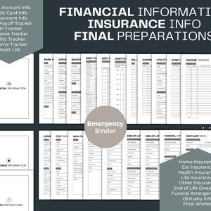 May include: A printable checklist for organizing financial information, insurance details, and end-of-life preparations. The checklist includes sections for bank accounts, credit cards, investments, debt, bills, expenses, utilities, assets, income, home insurance, car insurance, health insurance, life insurance, other insurance, end-of-life directives, funeral arrangements, obituary information, and final wishes.
