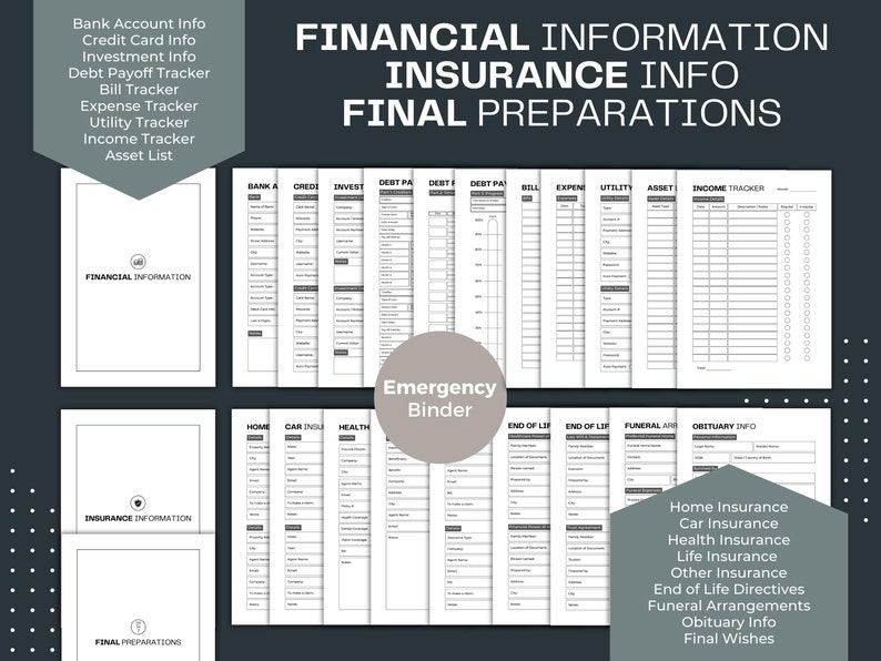 May include: A printable checklist for organizing financial information, insurance details, and end-of-life preparations. The checklist includes sections for bank accounts, credit cards, investments, debt, bills, expenses, utilities, assets, income, home insurance, car insurance, health insurance, life insurance, other insurance, end-of-life directives, funeral arrangements, obituary information, and final wishes.
