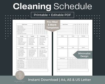 Könnte beinhalten: Ein druckbarer Reinigungsplan mit minimalistischem Design. Der Plan umfasst tägliche, wöchentliche und monatliche Aufgaben. Das Dokument ist in den Formaten A4, A5 und US Letter verfügbar.