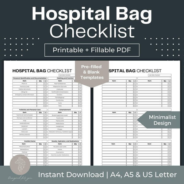 Printable Hospital Bag Checklist Fillable PDF Hospital Bag Organizer Digital Hospital Bag List For Medical Binder Emergency Action Plan