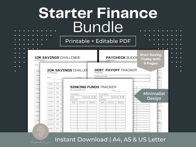 Finance Bundle Printable: Savings Challenge, Debt Tracker (Fillable PDF) image 1