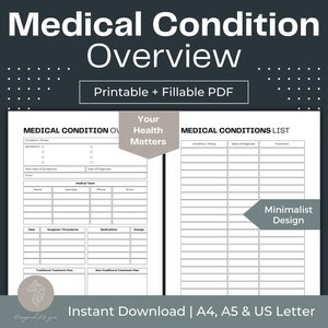 Medical Condition Overview Printable Medical Condition Tracker Fillable PDF For Your Medical Binder Digital Illness Tracker Illness Journal