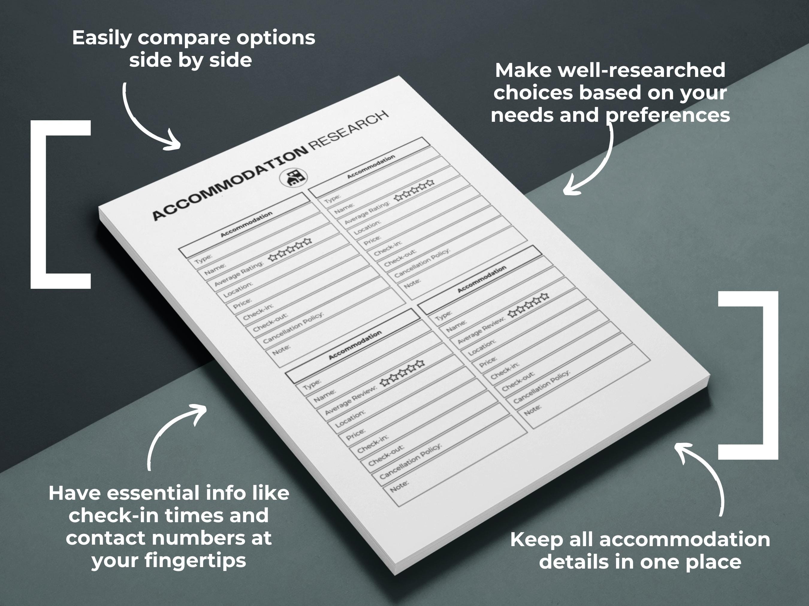 Printable Travel Planner, Accommodation Research (PDF) - Etsy
