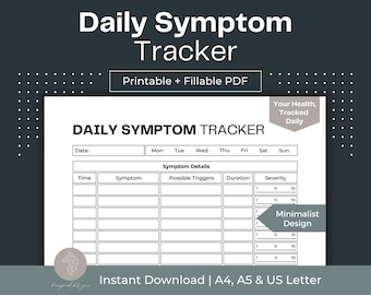 Daily Symptom Tracker Printable, Fillable PDF (A4, A5, Letter)