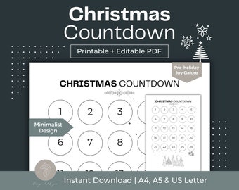 Christmas Countdown Printable Christmas Challenge Fillable PDF Countdown to Christmas Minimalist Design Digital Xmas Print