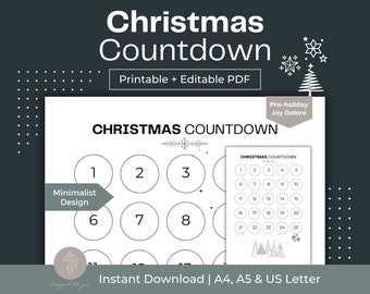 Printable Christmas Countdown Calendar, Minimalist Design (Digital Download)