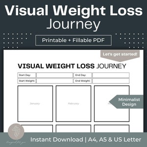 May include: Printable weight loss tracker with a minimalist design. The tracker includes sections for start and end dates, start and end weight, and monthly progress. The tracker is available in A4, A5, and US Letter sizes.
