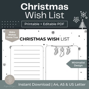 Minimalistische Weihnachtswunschliste druckbare ausfüllbare PDF Weihnachtsgeschenkliste Tracker Digital Xmas List Christmas Checklist Template