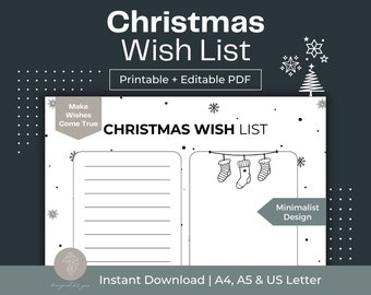 Minimalist Christmas Wish List Printable Fillable PDF Christmas Gift List Tracker Digital Xmas List Christmas Checklist Template