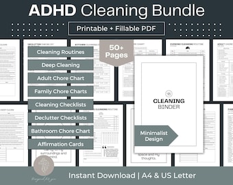 Könnte beinhalten: Ein schwarz-weißer druckbarer Reinigungsordner mit dem Text "Cleaning Binder" und "Minimalist Design". Der Ordner enthält über 50 Seiten mit Checklisten, Tabellen und Routinen für Reinigung, Entrümpelung und Aufgabenmanagement. Der Text "Instant Download | A4 & US Letter" befindet sich am unteren Rand des Bildes.